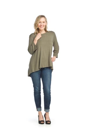 PT-15036 - Bamboo Stretch High Low Top with Back Button Detail - Colors: Blush, Navy, Sage - Available Sizes:XS-XXL - Catalog Page:51 